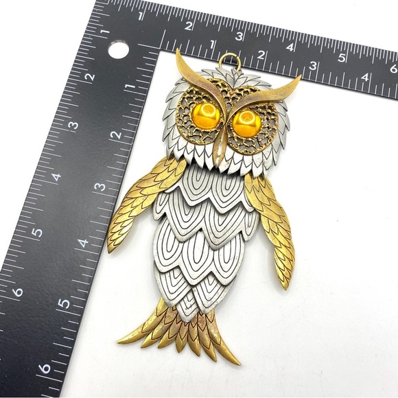 Vintage Owl Pendant Articulated Pewter & Gold Mixed Metals - Picture 6 of 8